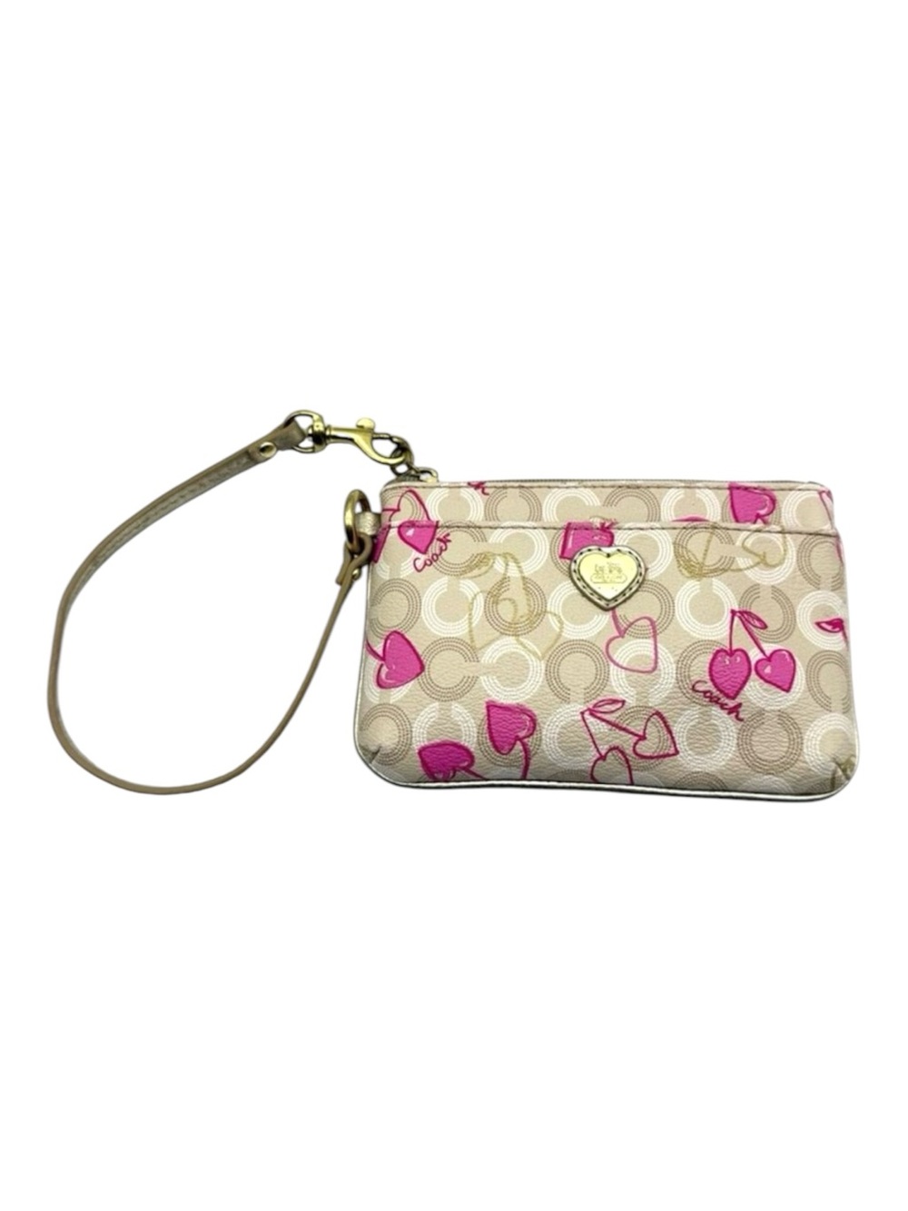 Coach Waverly Cherry Heart Signature Wristlet Khaki Pink 49240 BKHPK - Picture 1 of 15